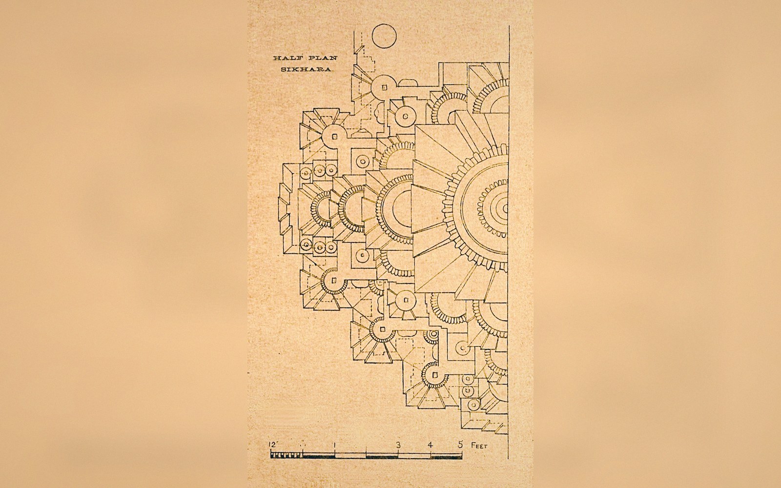 Architectural line drawing of a temple shikhara's half plan with radiating geometric offsets and a scale bar